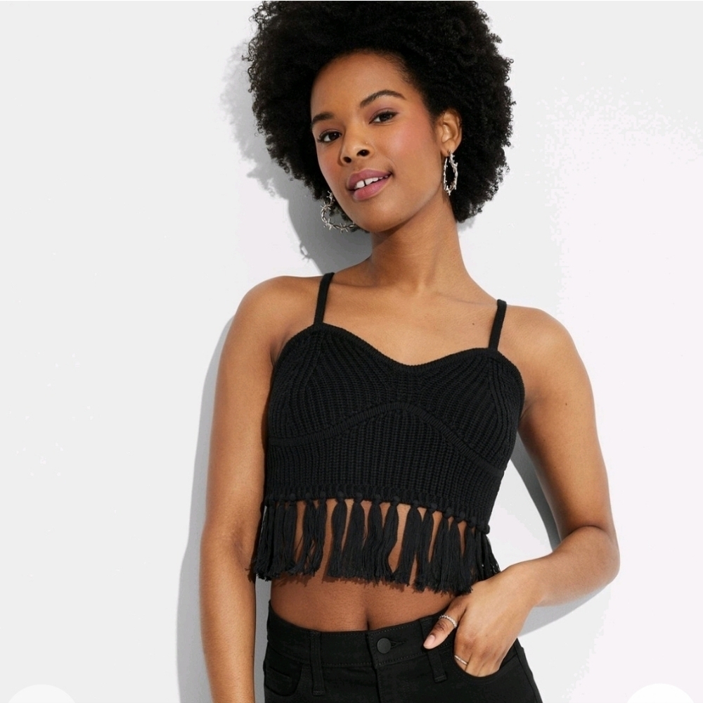 Women's Fringe Crop Top Sweater - Wild Fable' Black - Size S